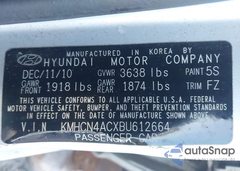 2011 Hyundai Accent Gls z USA, uszkodzony, nr VIN KMHCN4ACXBU612664